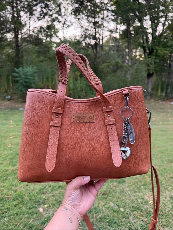 Wrangler Handbags - Wrangler Tan Shoulder Tote with Braided Handles and Charm